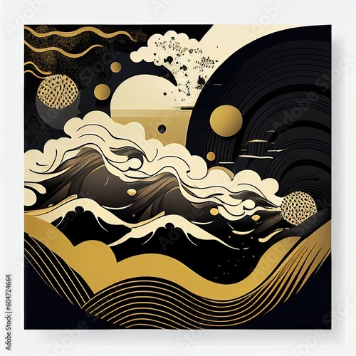 Japanese traditional Ukiyoe gold, black and white beautiful curved mountain form in oshie and maki-e Abstract, Elegant and Modern AI-generated illustration