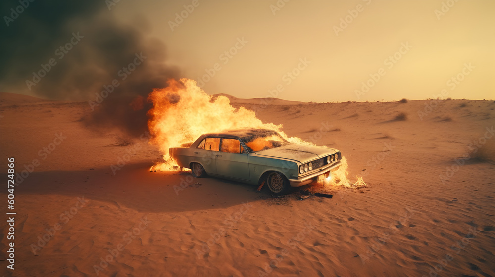 car in the desert burning 
