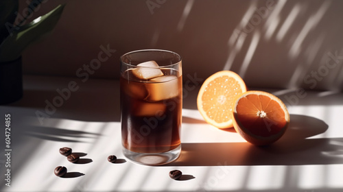 A glass of iced coffee on a table, Generative AI