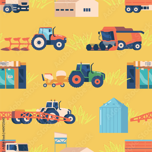 Farm Machinery Seamless Pattern. Repeating Design Featuring Various Agricultural Equipment Such As Tractors