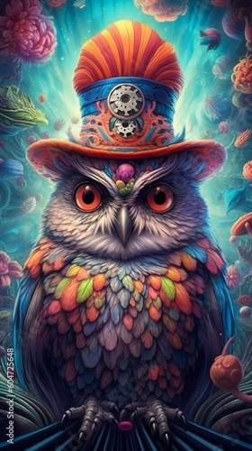 Abstract Colorful Portrait of an Owl Wearing a Hat. Generative ai © Scrudje
