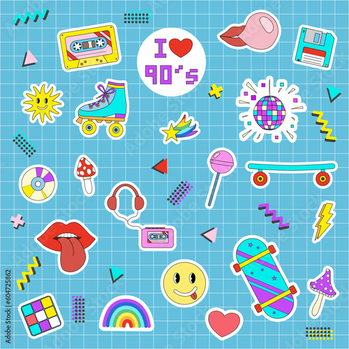 Retro sticker pack I love 90s with different old fashioned elements, doodle style flat vector