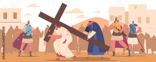 Photo Grim Biblical Scene, Jesus The Heavy Cross With Help Of Simon Of Cyrene