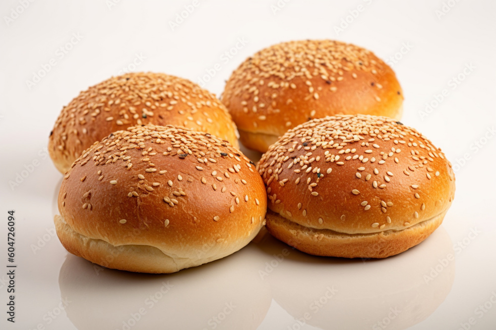 Four hamburger buns on a white background. Generative AI
