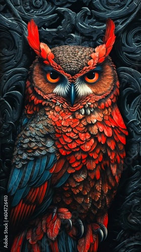 Close-Up of Owl Looking Forward in Dark, Black, and Red Tones. Generative ai