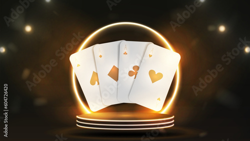 White and gold poker cards on the podium with a bright neon arch. A composition on the casino theme.