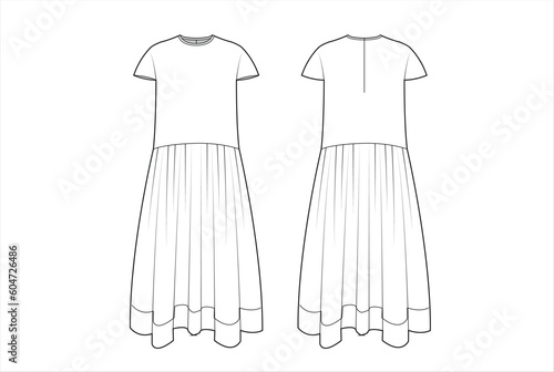 Ladies Short Sleeve Long Dress Vector Template