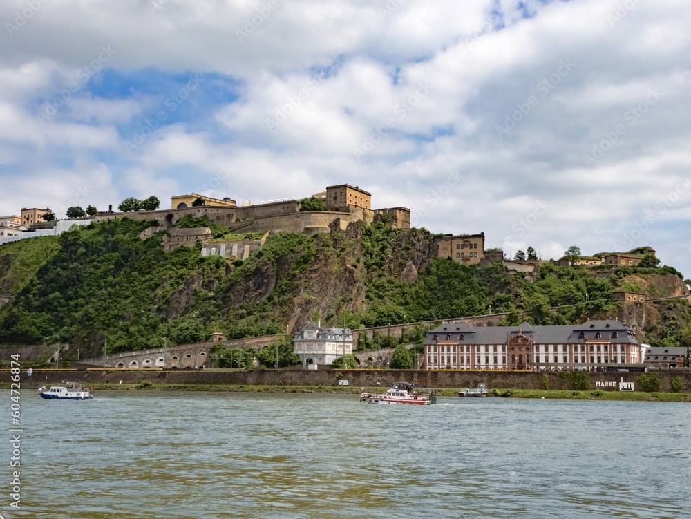 Deutsches Eck near Koblenz with a view of the Roman fortress of Ehrenbreitstein