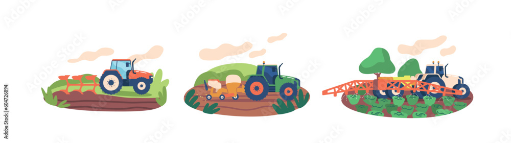Tractor Plows, Sows Seeds, And Waters Plants Efficiently, Ensuring Proper Cultivation And Growth of Cereals