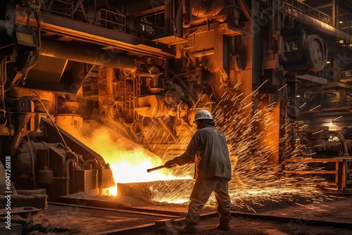 Image of a worker wearing protective gear operating heavy machinery inside the steel mill, showcasing the industrial environment. Generative AI