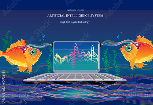 Deep neural networks. Microchip implantation in fish brain. Artificial Intelligence System. High tech digital technology. Print for scientific research in biology, physics and nanotechnologies.