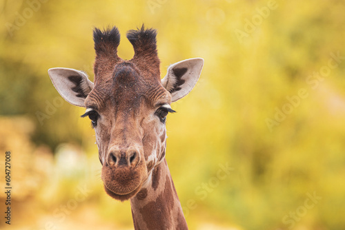 Portrait of giraffe over yellow blurry background