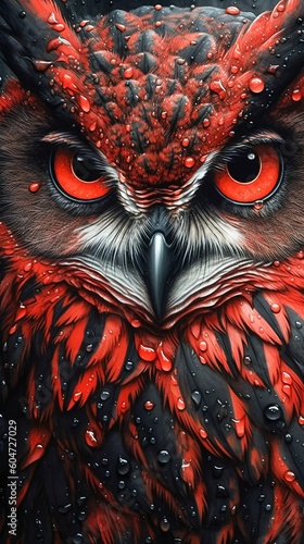 Close-Up of Owl Looking Forward in Dark, Black, and Red Tones. Generative ai