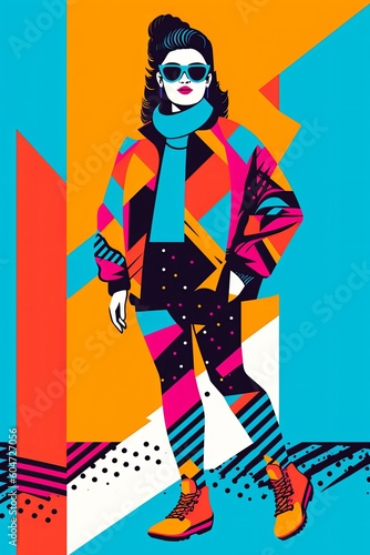 A vector illustration of a person wearing 80s fashion, featuring bold patterns, bright colors, and iconic elements like leg warmers and oversized sunglasses. Generative Ai