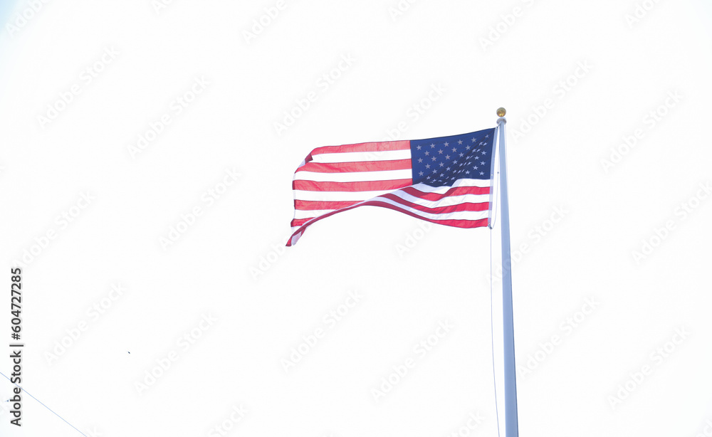 Fototapeta premium US flag proudly displayed in front of an American house symbolizes patriotism, national identity, and love for one's country. It represents unity, freedom, and the values upon which the United States 
