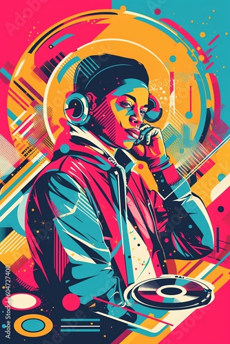 A retro-inspired poster, vector illustration of a DJ with turntables and headphones, surrounded by geometric shapes and vibrant colors, capturing the energy of 80s music culture. Generative AI