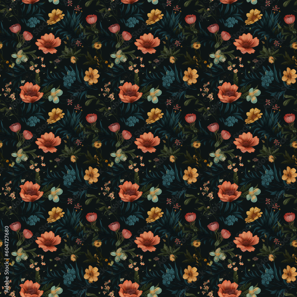 Seamless floral pattern with red poppies on dark background. Created with generative AI Seamless floral pattern with red poppies on dark background. Created with generative AI