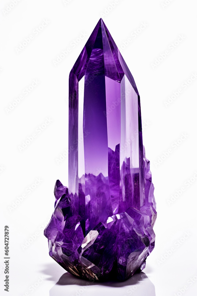 Tall purple amethyst quartz crystal geode tower.  Generative AI - obrazy, fototapety, plakaty 