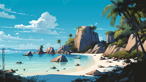 Illustration of a beautiful tropical island with a beach and palm trees