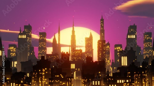 Retro futuristic grim city side view flythrough seamless loop