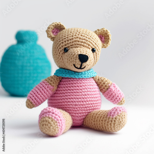 Pink and blue knitted toy teddy bear isolated on white created with Generative AI technology