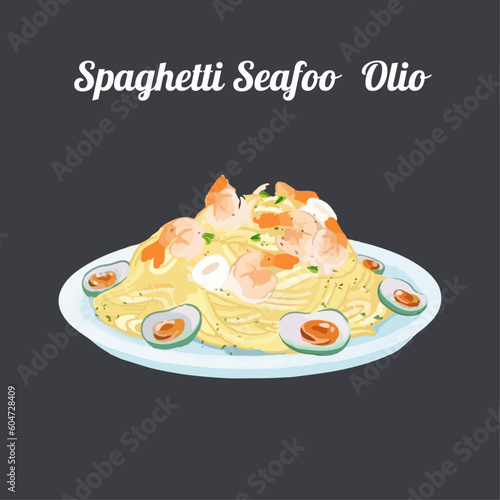 Italian seafood pasta with mussels shrimps, and squid. Hand drawn watercolor vector illustration