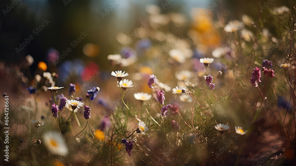 Multi-colored beautiful wildflowers bloom on a green meadow. Warm summer evening. Generative AI - obrazy, fototapety, plakaty 