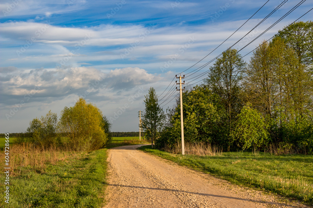 Beautiful landscape overlooking a country road with a power line in the countryside Beautiful landscape overlooking a country road with a power line in the countryside