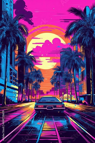 A vibrant poster, vector illustration of a cityscape at night with neon lights, palm trees, and retro buildings, evoking the atmosphere of an 80s metropolis. Generative AI