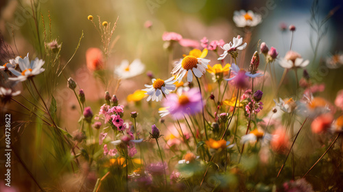 Multi-colored beautiful wildflowers bloom on a green meadow. Warm summer evening. Generative AI © keks20034