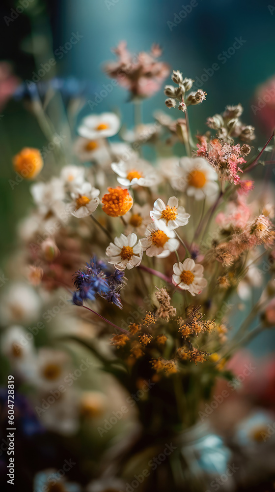 Multi-colored beautiful wildflowers bloom on a green meadow. Warm summer evening. Generative AI Multi-colored beautiful wildflowers bloom on a green meadow. Warm summer evening. Generative AI