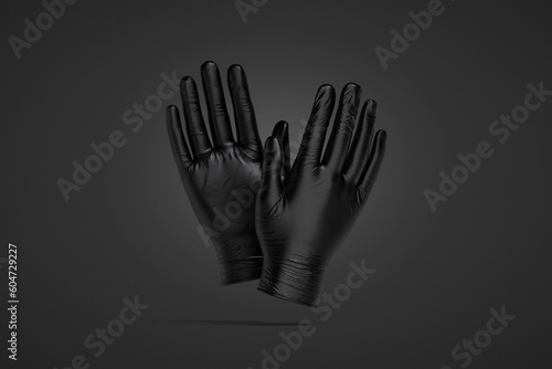 Blank black rubber gloves mockup, front and back, dark background