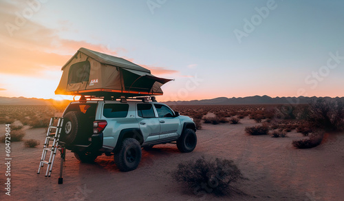 All-terrain camping car with tent on the roof in a beautiful mountain scenery during sunset. Adventure, wild concept. Generative AI