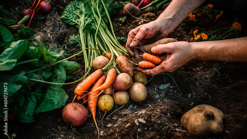 Hands picking fresh vegetables from the garden. ecology, botanical. Generative AI