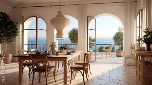 Interior design inspiration of Mediterranean Coastal style home dining room loveliness decorated with Wood and Rattan material and Sea View .Generative AI home interior design . photo