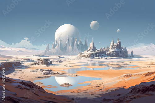 a big valley of other world, with many moons in sky, and stranges buildings, generative ai