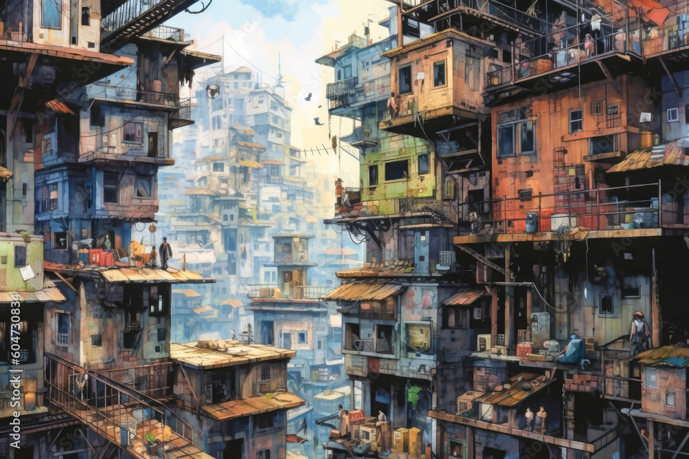 urban life, view of a colorful buildings, watercolor, surreal city scenes, generative ai