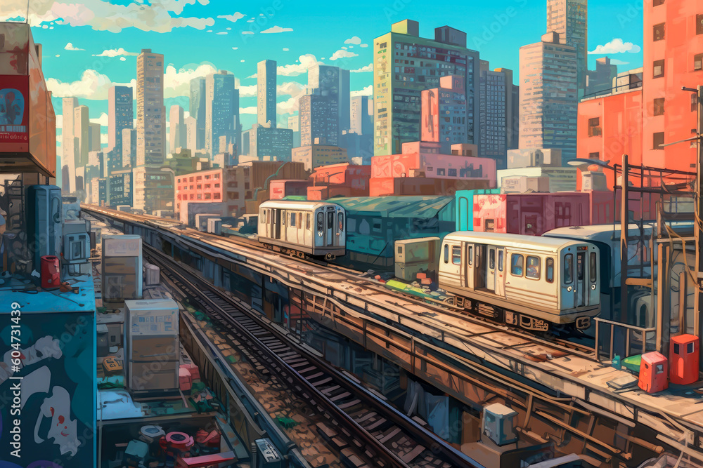 Fototapeta premium urban life, view of a colorful buildings, watercolor, surreal city scenes, generative ai