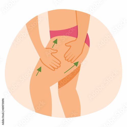 Beautiful slender girl does manual hip massage. Beauty and youth of body. Prevention of cellulite.