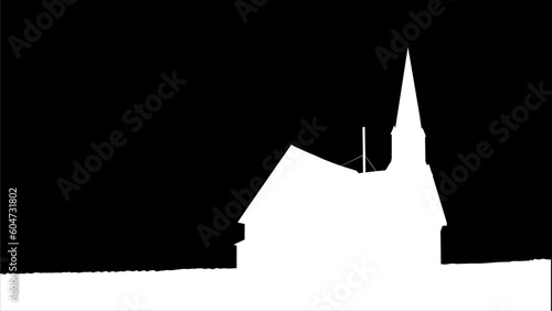 Black and white illustration, a church in the middle of the field.