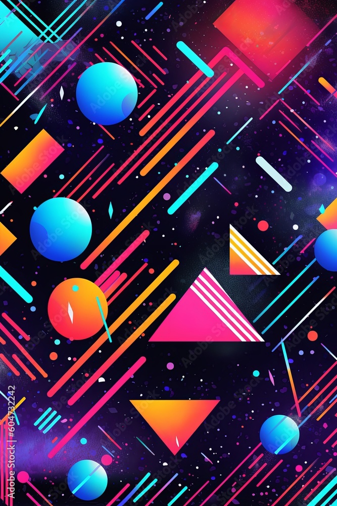 A vibrant and colorful poster background featuring geometric shapes, neon lights, and bold typography reminiscent of 90s rave flyers. Generative AI A vibrant and colorful poster background featuring geometric shapes, neon lights, and bold typography reminiscent of 90s rave flyers. Generative AI