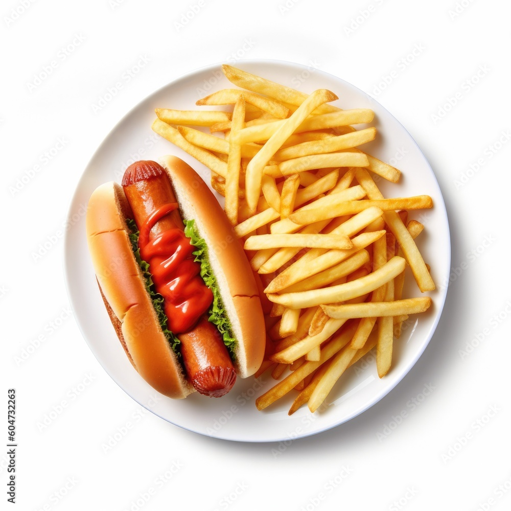 Delicious hot Dog and French fries on a White Background Generative AI Delicious hot Dog and French fries on a White Background Generative AI
