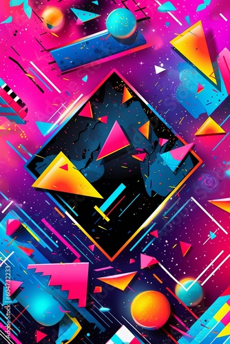 A vibrant and colorful poster background featuring geometric shapes, neon lights, and bold typography reminiscent of 90s rave flyers. Generative AI