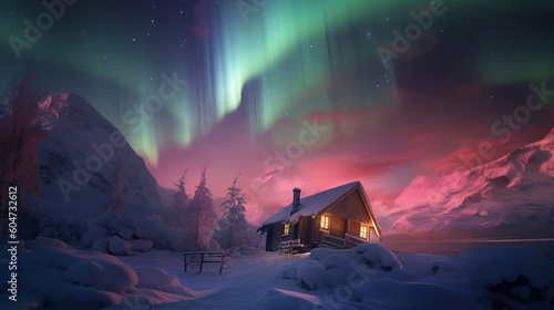 Epic aurora borealis with the beautiful of home and snow