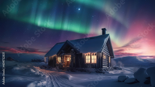 Epic aurora borealis with the beautiful of home and snow