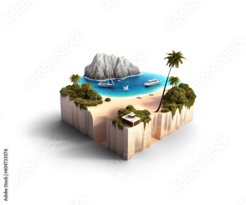 cartoon diorama of a getaway vacation island with cruise boat and mountain beach with transparent background png - Generative AI
