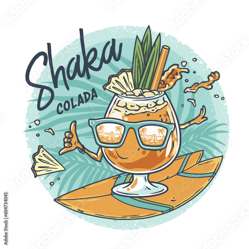 Pina Colada cocktail on the surf with slice of pineapple for summer party. Surfer alcochol exotic pina cocktail with shaka, rum and leaf pineapple for beash bar and restaurant menu