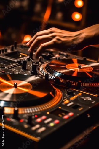 A close-up shot of a DJ's hands on the turntables, showcasing the technical skills and artistry involved in mixing music. Generative AI