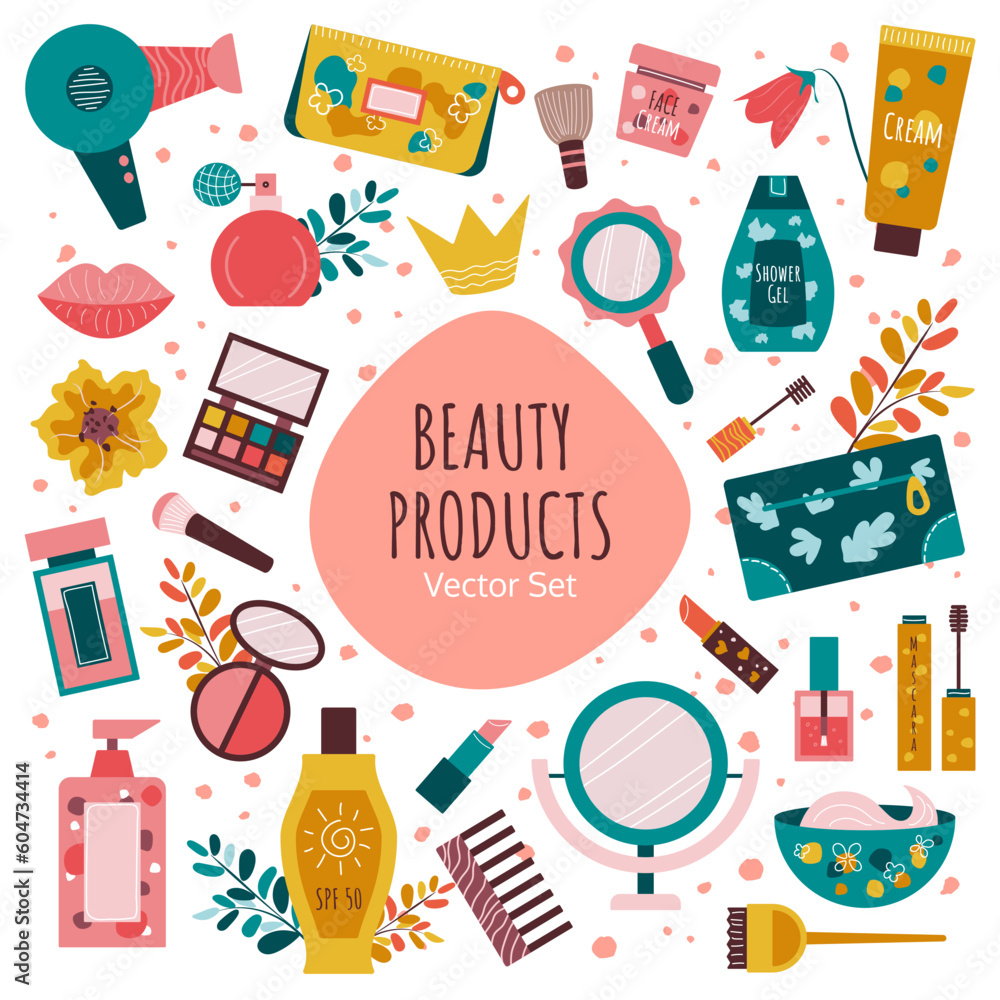Hand drawn Vector set of beauty cosmetic products