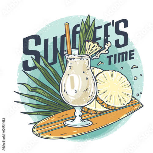 Pina Colada cocktail on the surf with slice of pineapple for summer party. Surfer alcochol exotic pina cocktail with rum and leaf pineapple for beash bar and restaurant menu